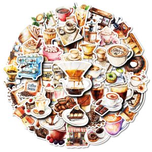 Custom Cafe Themed Stickers Drink Caffeine Beans Decals Waterproof DIY Vinyl Adhesive Stickers for Bottle Laptop Guitar Decor