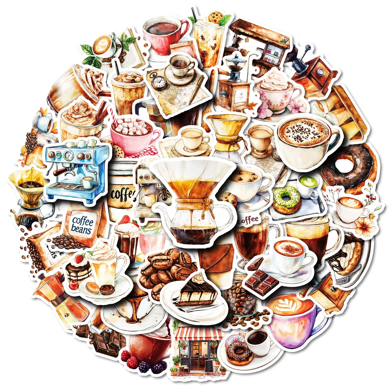 Custom Cafe Themed Stickers Drink Caffeine Beans Decals Waterproof DIY Vinyl Adhesive Stickers for Bottle Laptop Guitar Decor